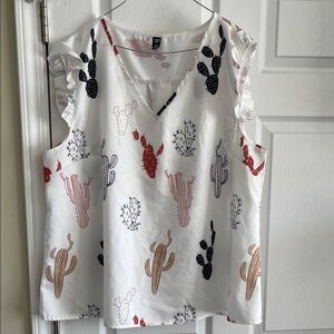 SHEIN White Cactus Print Ruffle Sleeve Blouse